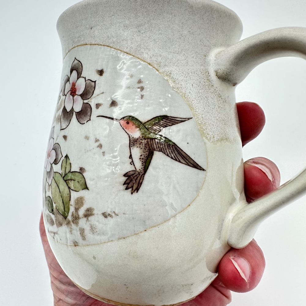 Vintage Otagiri Style Stoneware Mug Hummingbird Floral Cream Hand Painted Boho - Picture 5 of 12